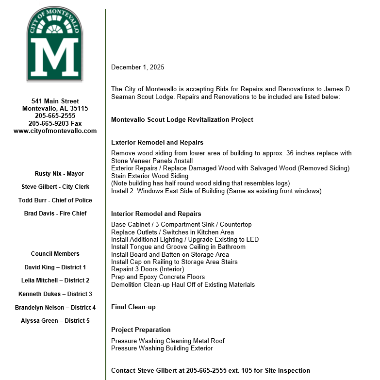 Accepting Bids Montevallo Scout Lodge Revitalization